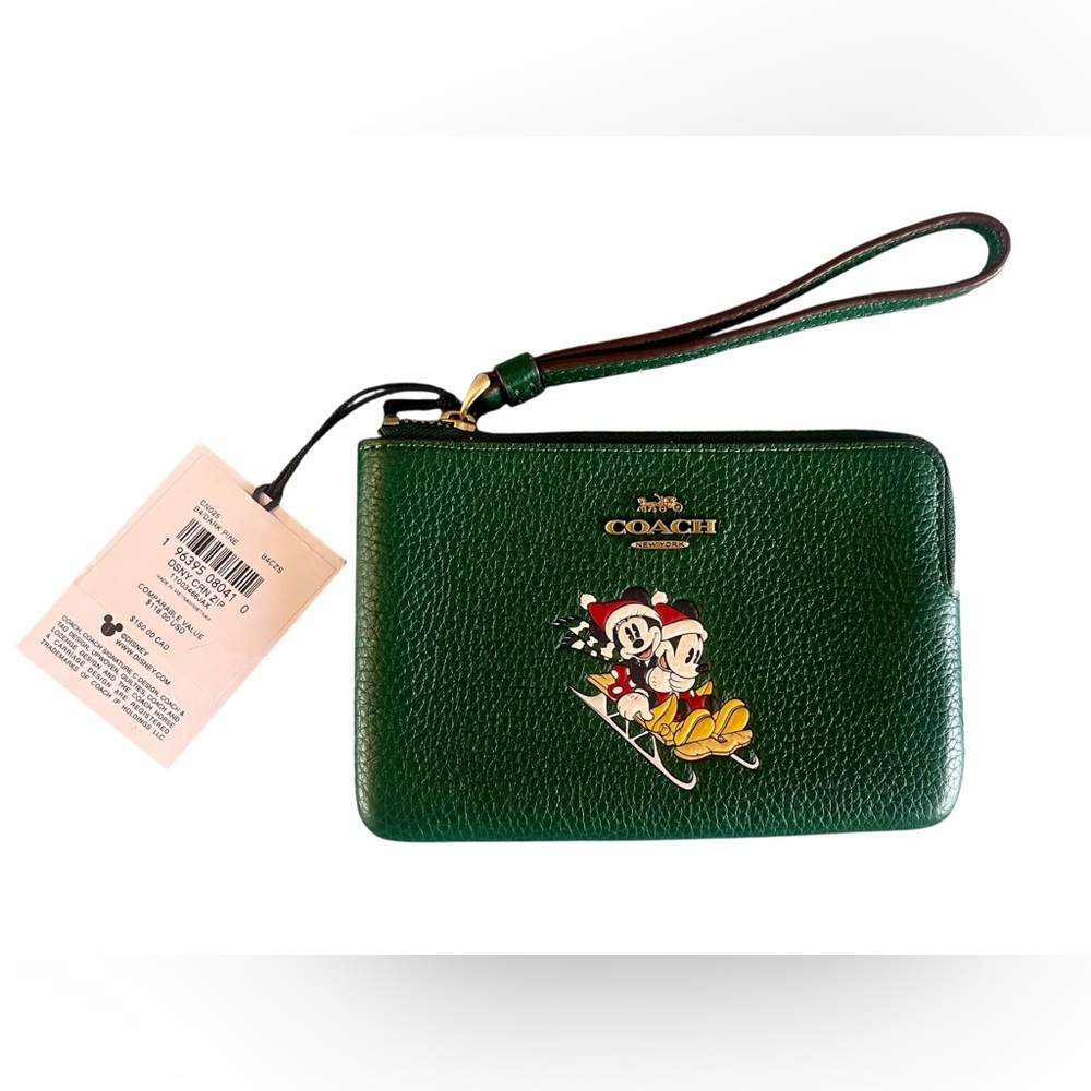 Coach Dark Green Small Leather Wristlet with Mickey & Minnie Graphic New